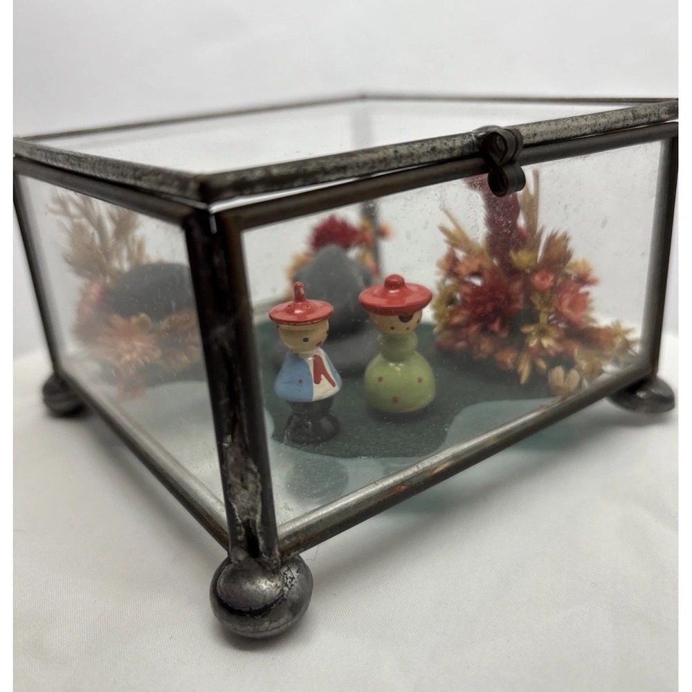 Pressed Dried Flower Leaded Glass Rocks Handpainted People Vintage 1960s Art